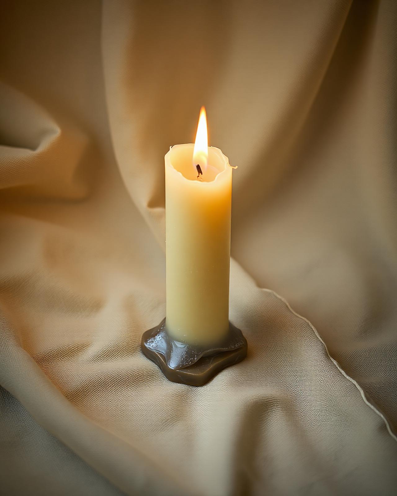 The first relic , a single candle on linen